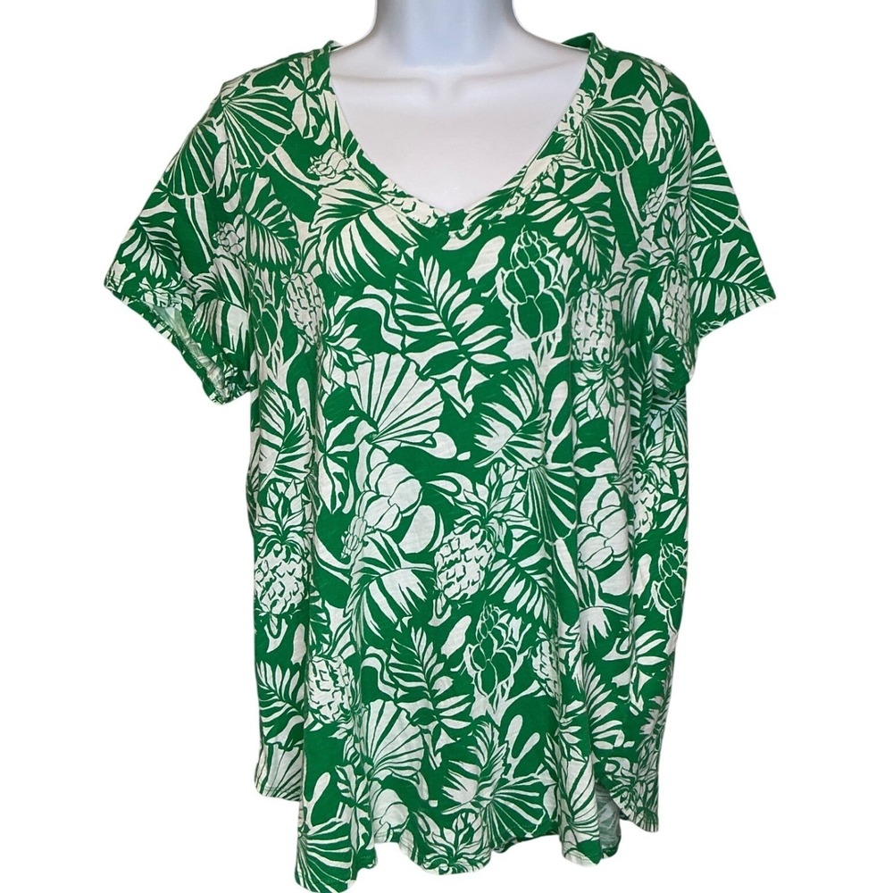 Nicole‎ Miller Womens Green White Tropical Print Top Sz 1X Coastal Resort Breezy